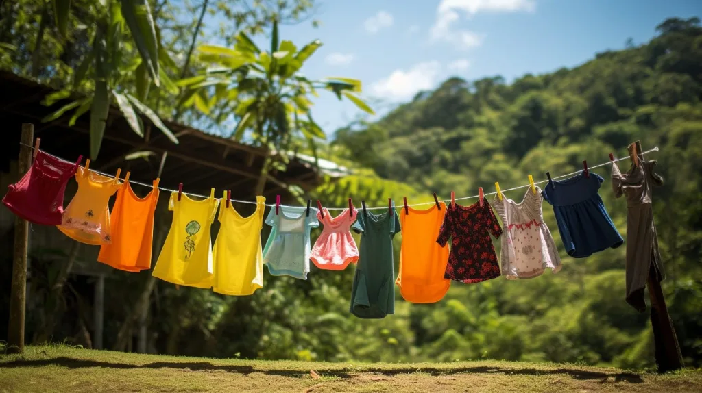 A vibrant clothesline in a sunny garden with diverse laundry illustrating Eco-Friendly Clothing Care