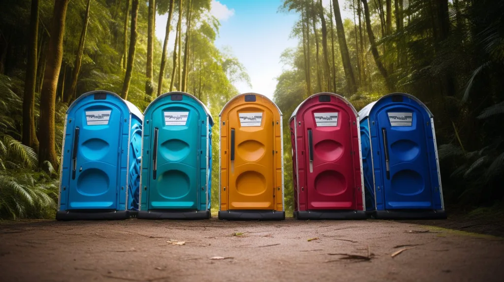 A series of different colored portable toilets outside in the jungle