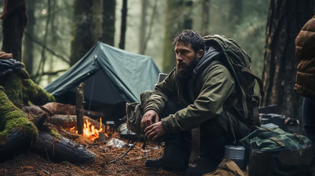 A man surviving off-grid at his campsite