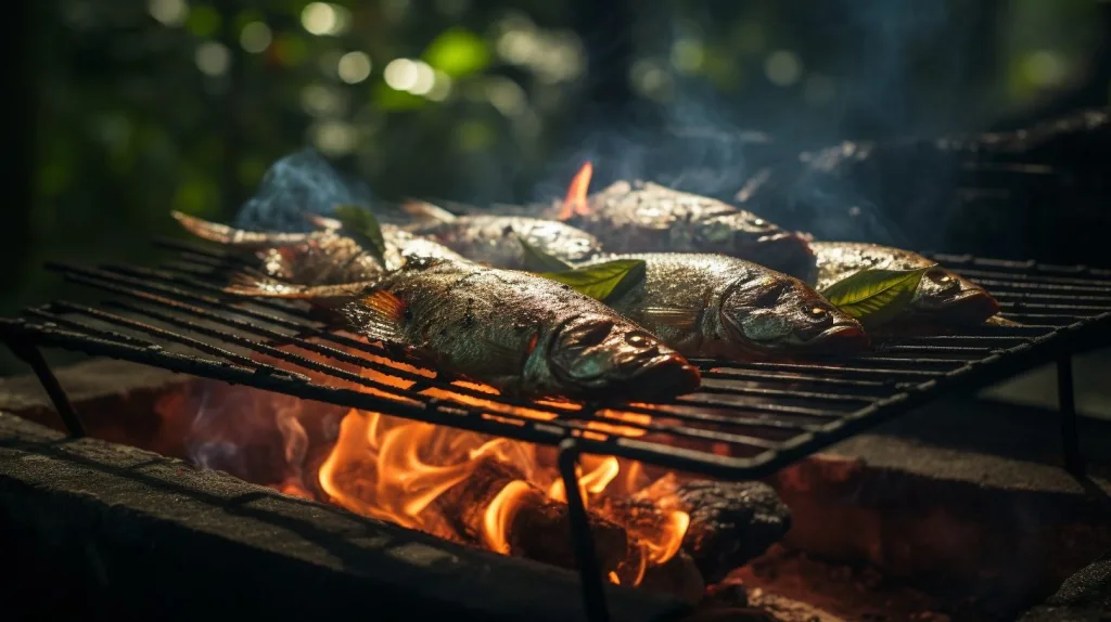 Fish being grilled on an open fire