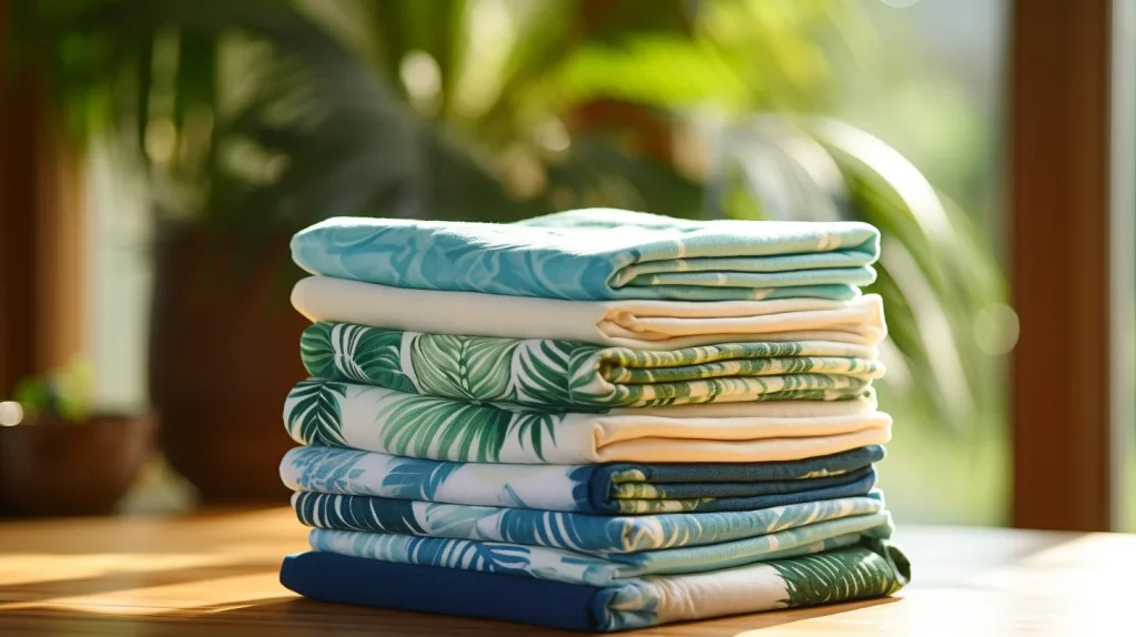 a selection of tropically decorated cleaning clothes on kitchen counter