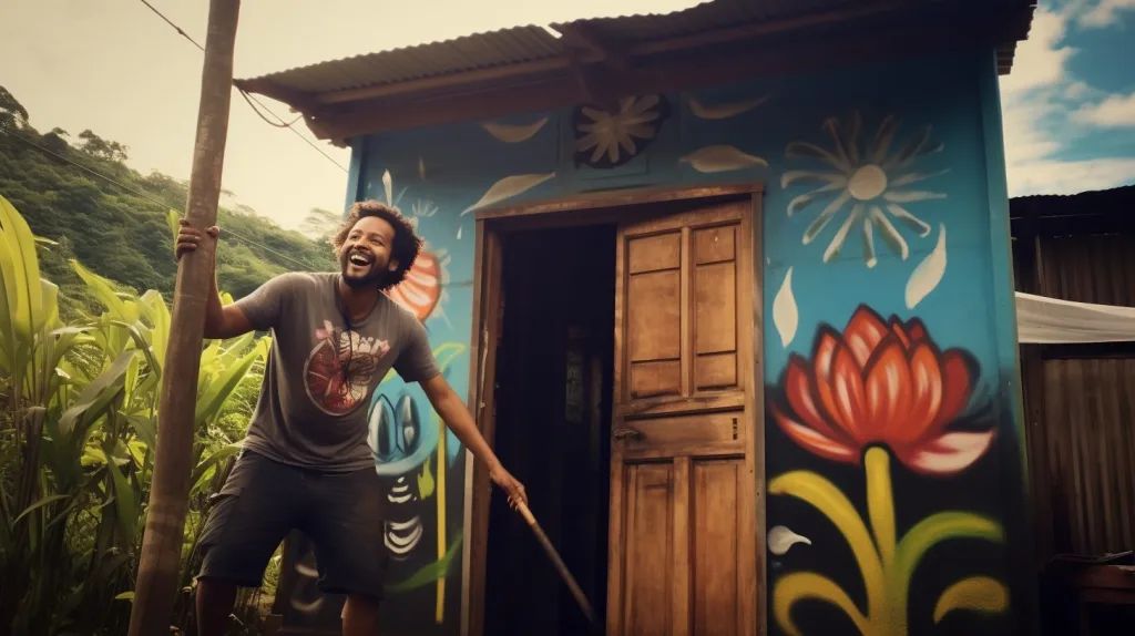 a man laughing about cleaning a bathroom without physically going inside