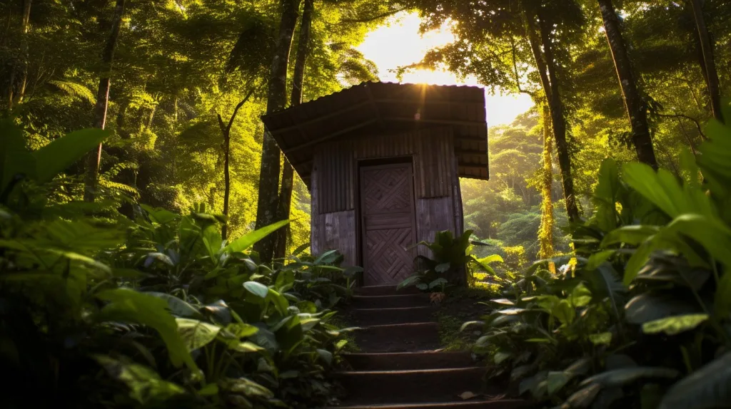 A wooden off-grid toilet in the middle of the rainforest