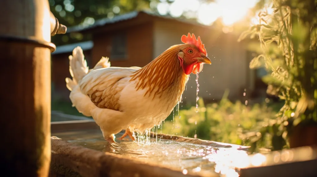 a chicken drinking water outside from a trough