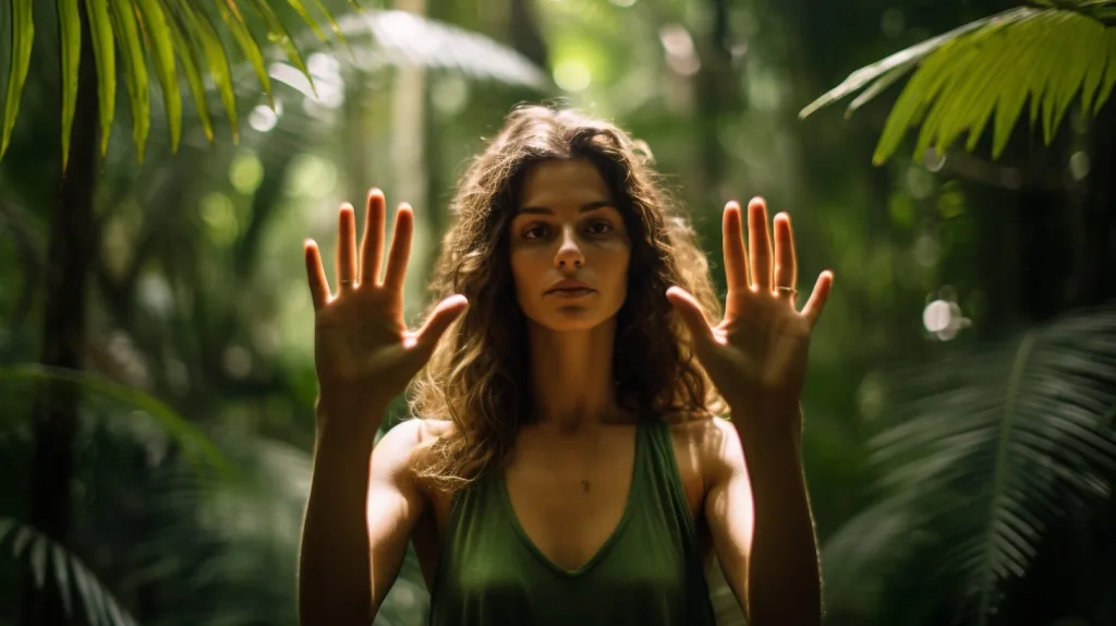 A woman using sign language to communicate on the jungle