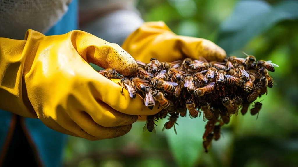 Collecting a honeycomb from a beehive while wearing gloves