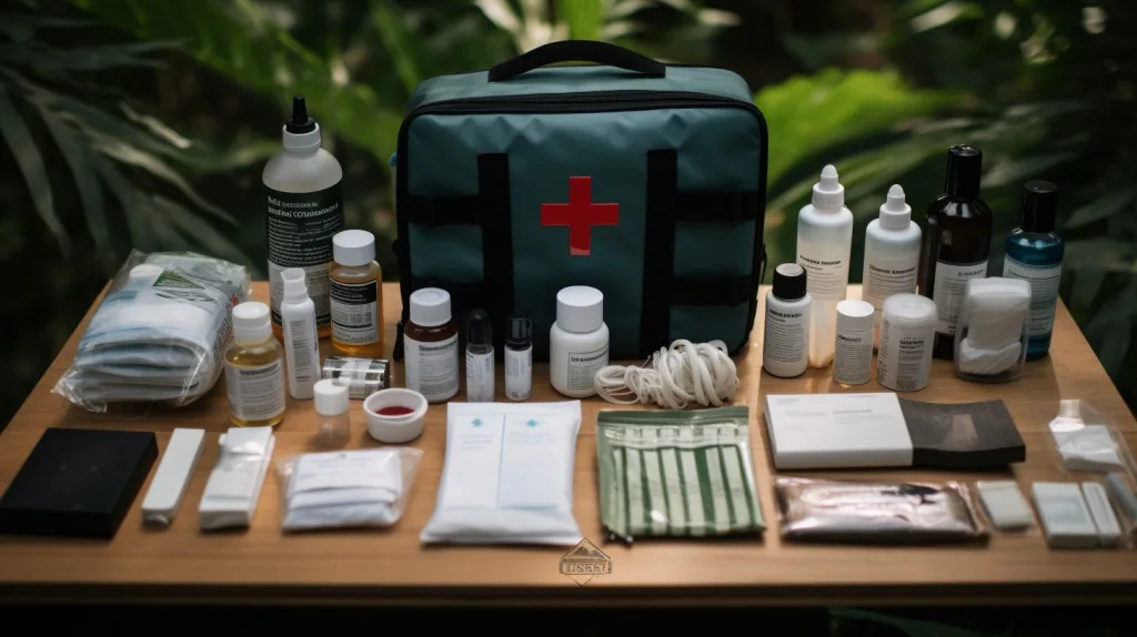 A display showcasing the contents of a first aid kit
