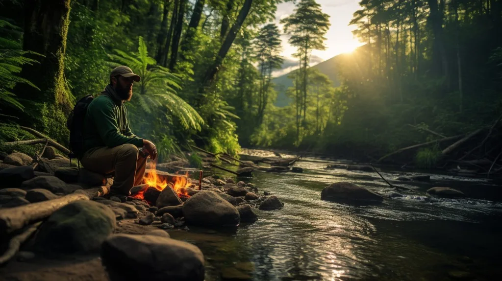 A man with camp fire along the river