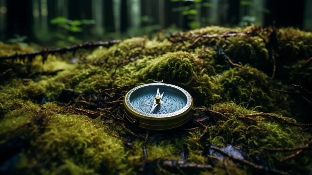 A compass placed on a mossy log