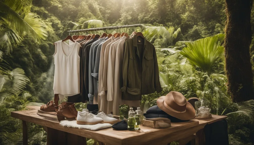 A collection of eco-friendly clothing items and accessories displayed in a lush green setting.