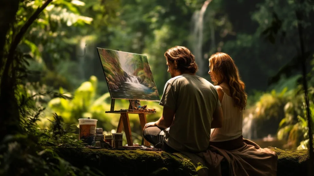 A young couple sitting in the jungle and painting a waterfall