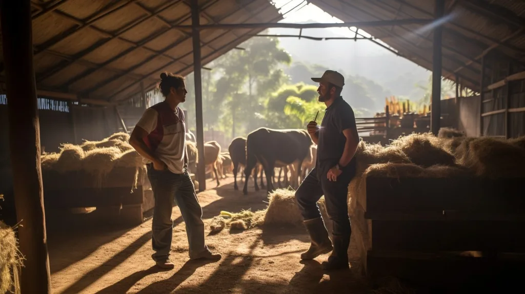 A farmer speaking to vet about the healthcare of his livestock 