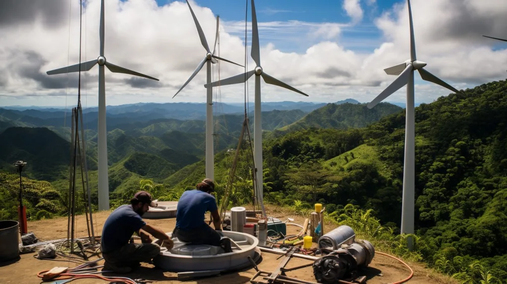 Two engineers installing wind turbines in the mountains of Costa Rica