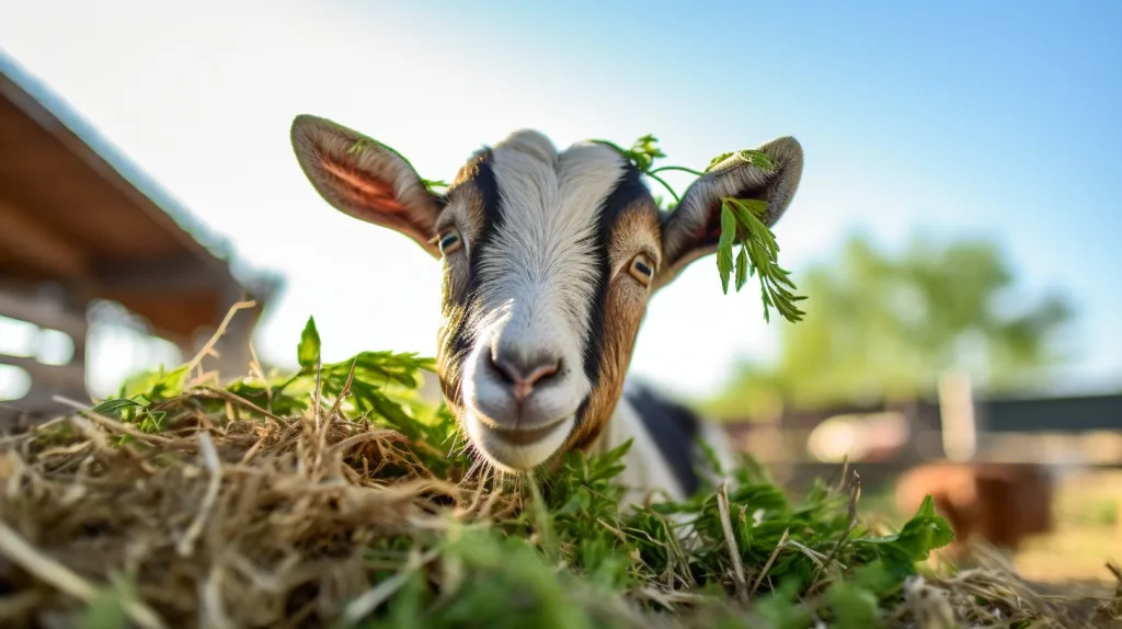 A happy looking goat enjoying a meal 