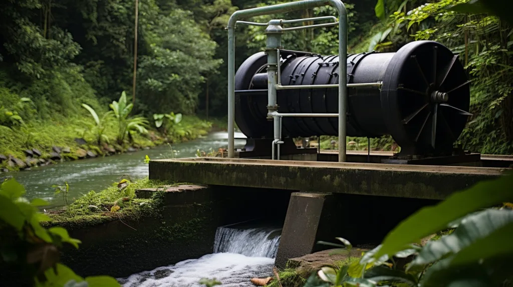 A small scale water turbine generator installed along a rivers edge