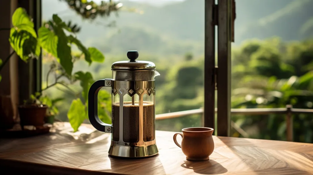 A coffee percolator on kitchen counter with jungle views in the distance 