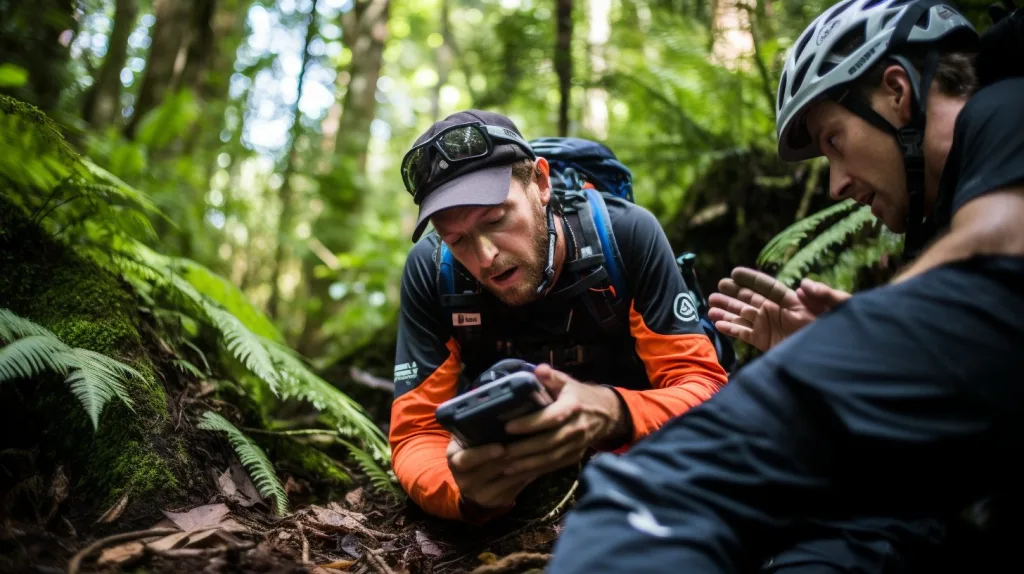 A man trying to contact emergency services in the wilderness