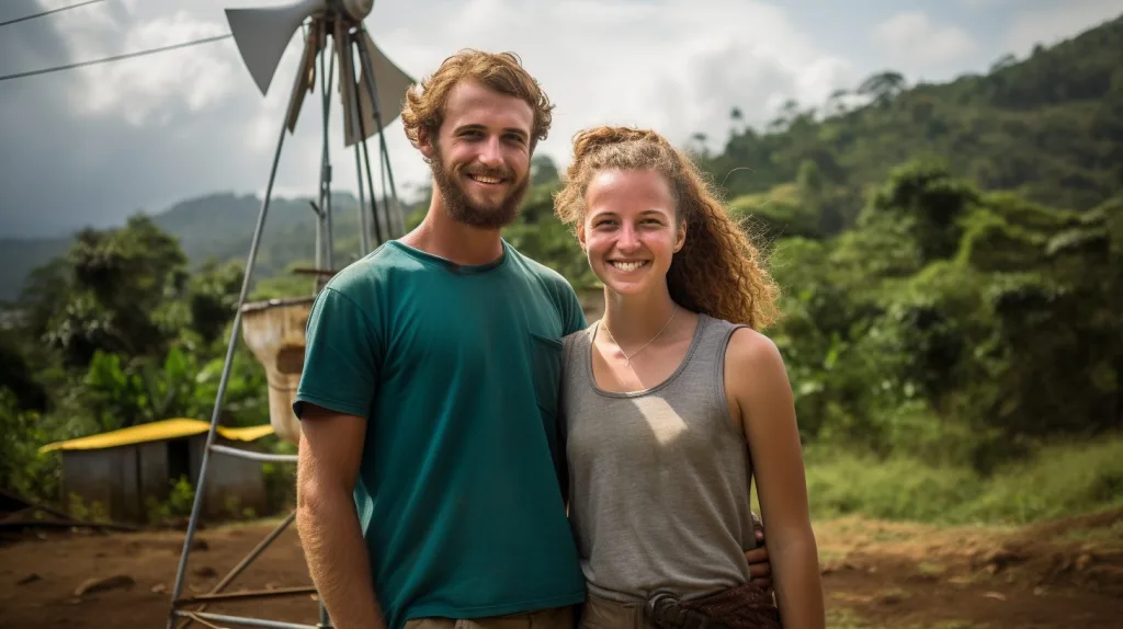 A young off-grid couple installing a wind turbine for energy