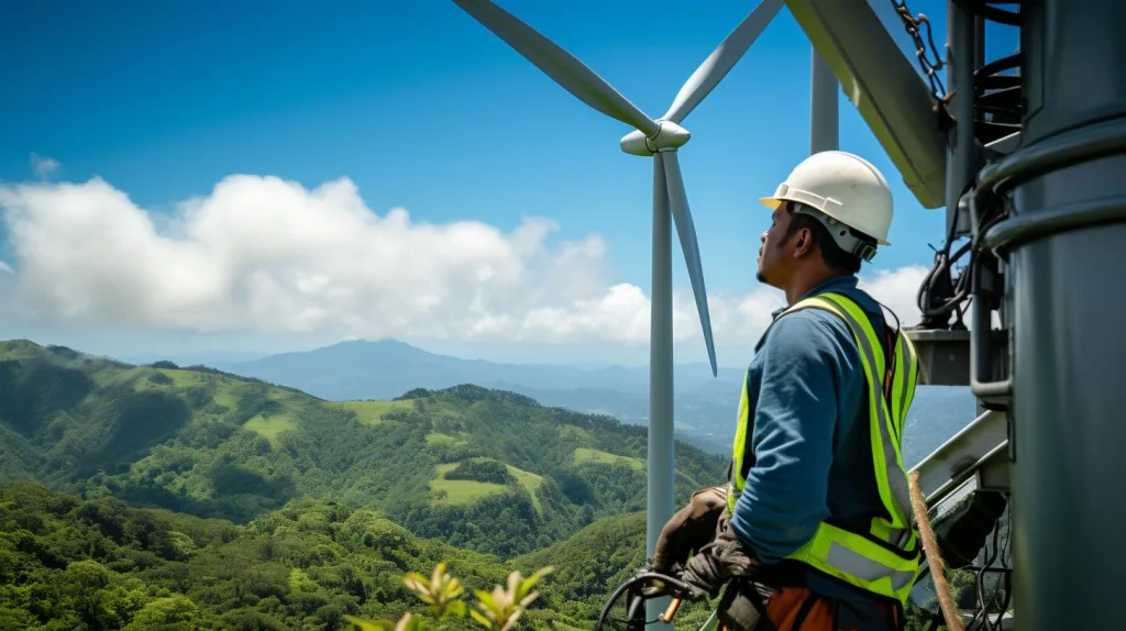 A man in high vis repairing a wind turbine