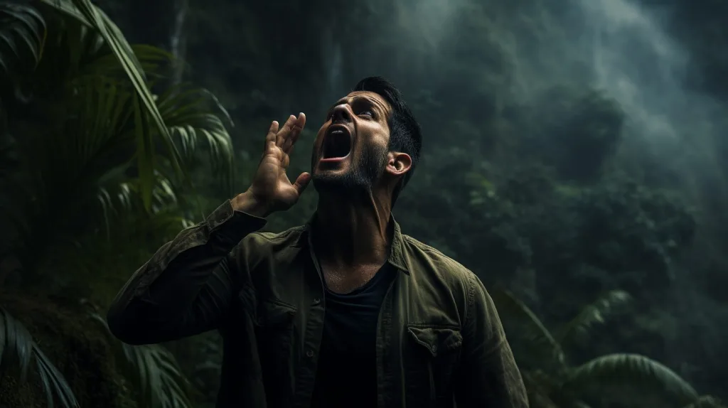 A man shouting for help in the jungle