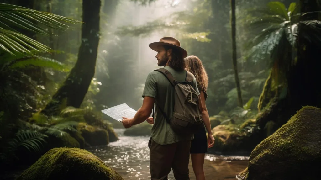 A couple exploring in the rainforest