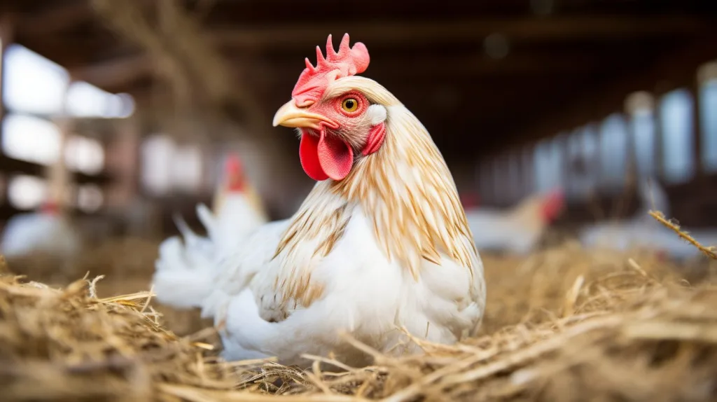 a hen sitting on her eggs inside a chicken coop