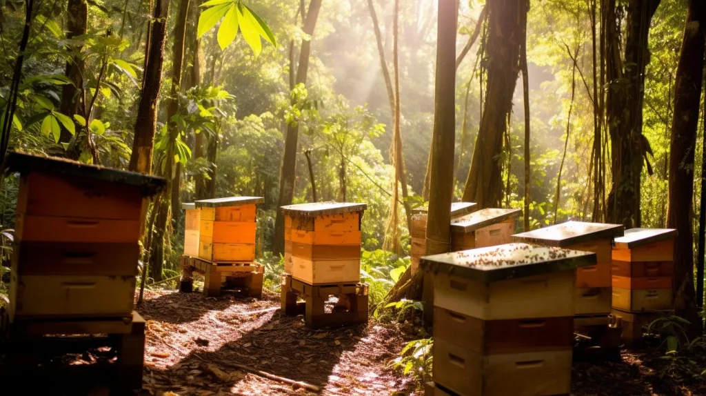 A collection of beehives in the rainforest