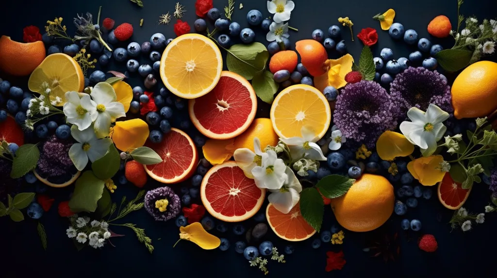a selection of fruits and flower petals displayed at aerial view illustrating organic and natural personal care
