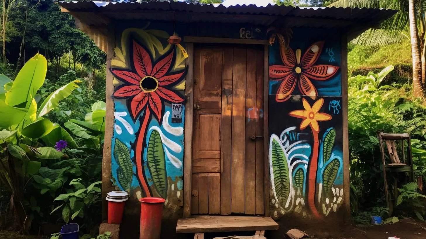 A colorful outhouse for a composting toilet in the jungle