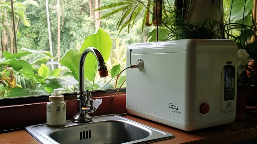 Point-Of-Use Mini Tank Electric Water Heater next to a kitchen sink