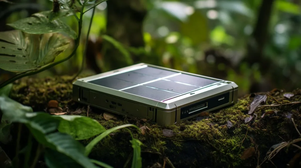 A portable solar charger lying on the rainforest floor