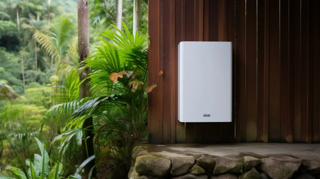 a propane Tankless Water Heater on the outside wall of a wooden cabin