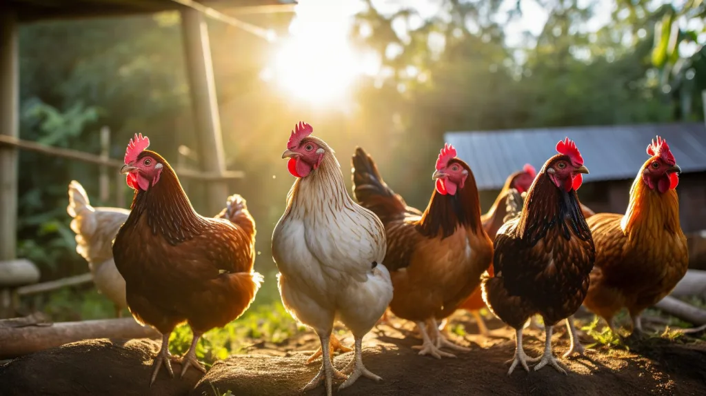 a group of chickens basking in the sunlight