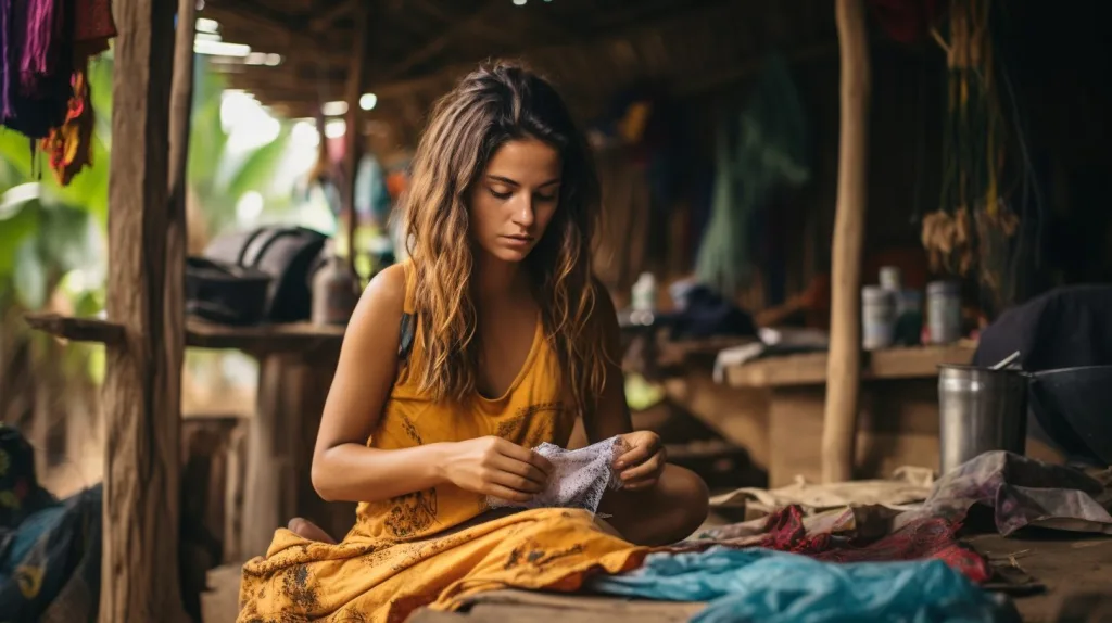 a woman repairing her clothes while sitting outside