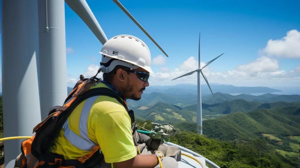 Routine maintenance of a wind time with view of Costa Rica
