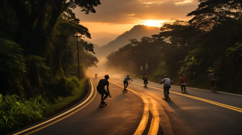 A group of young adults riding their skateboards down the public road in Costa Rica