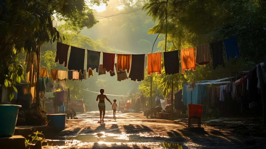 Kids playing near drying clothes on the line
