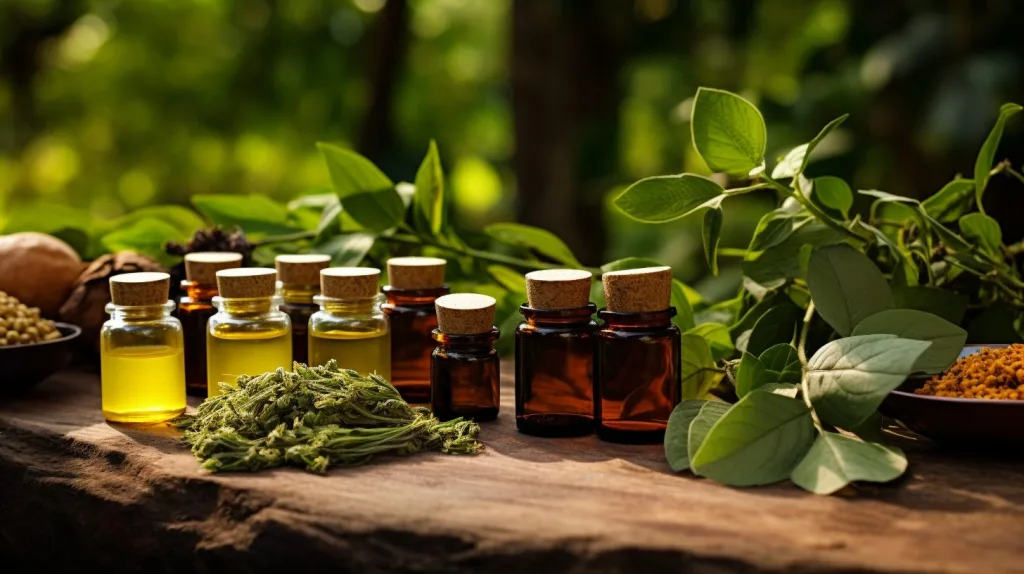 a selection of essential oils and herbs on a wooden table