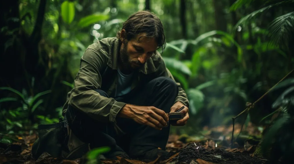 A man in the rainforest setting up a trap