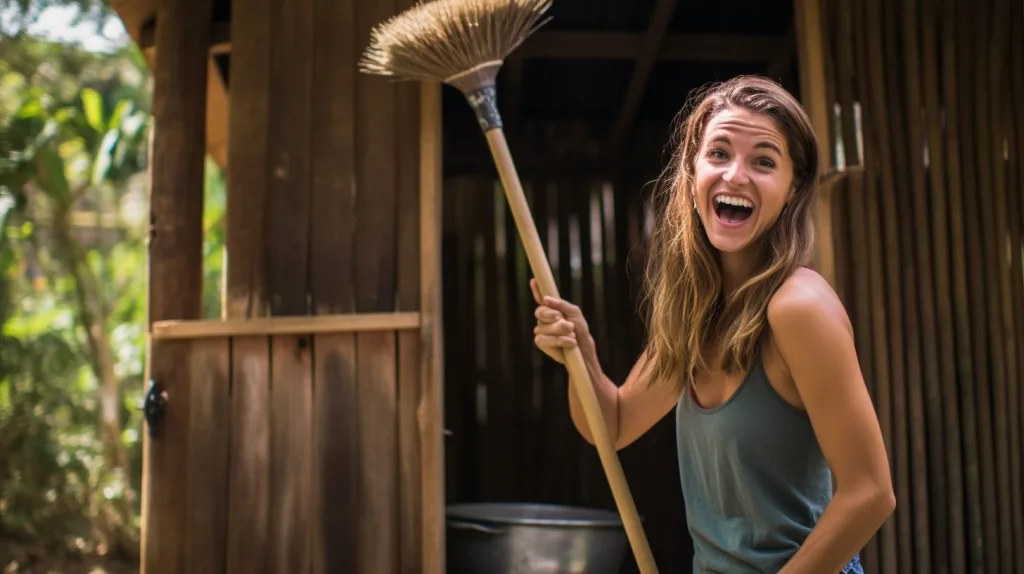 woman happy about cleaning a toilet stall with green cleaning supplies