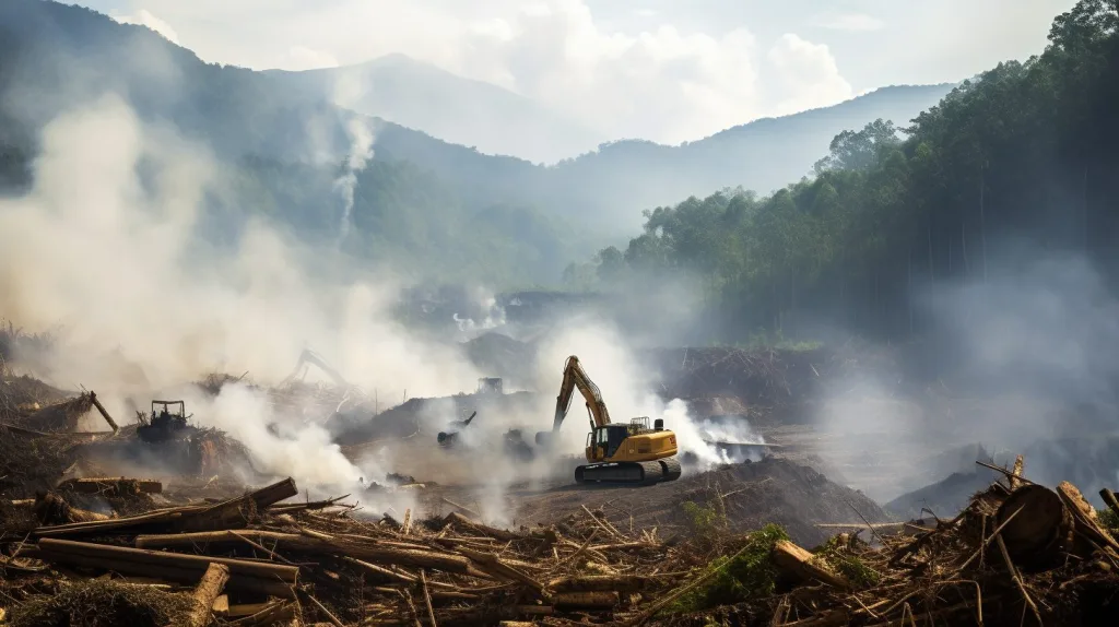 The negative effect of biomass energy being displayed as a bulldozer destroys sections of rainforest