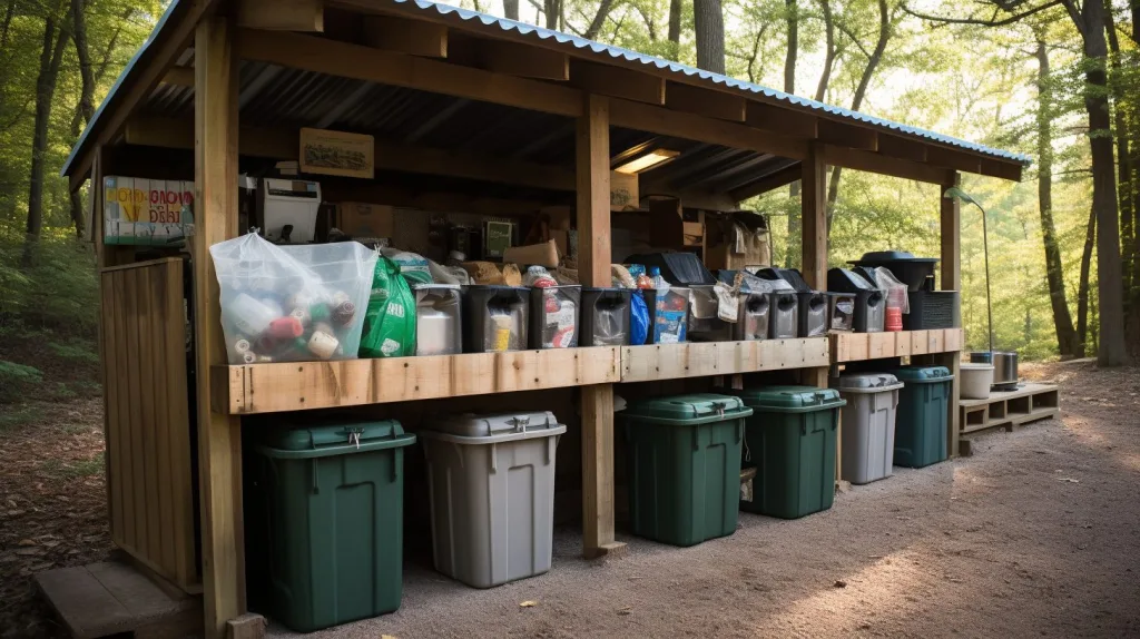 a recycling station off-grid in the rainforest for both trash and recycling