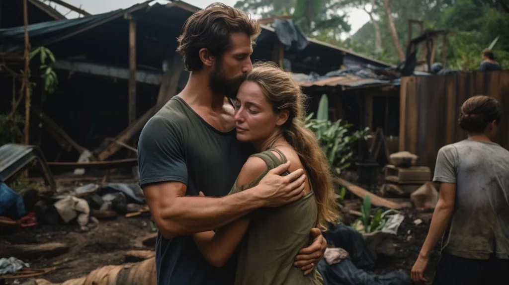 A couple consoling each other after a natural disaster destroyed their home