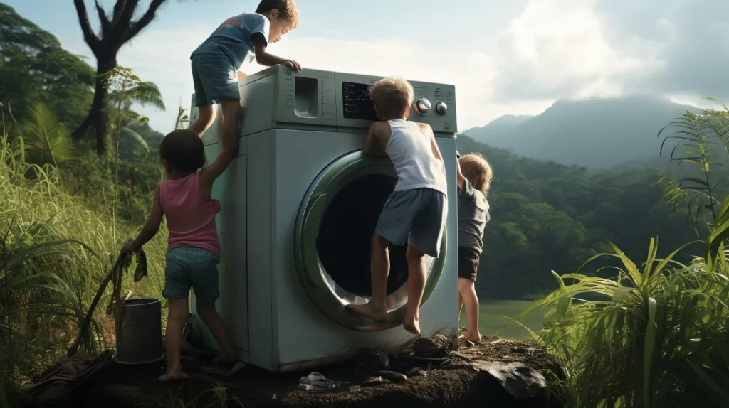 Kids outside playing on a washing machine