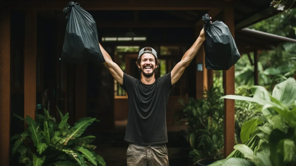 a man living off-grid holding up trash bags in each hand
