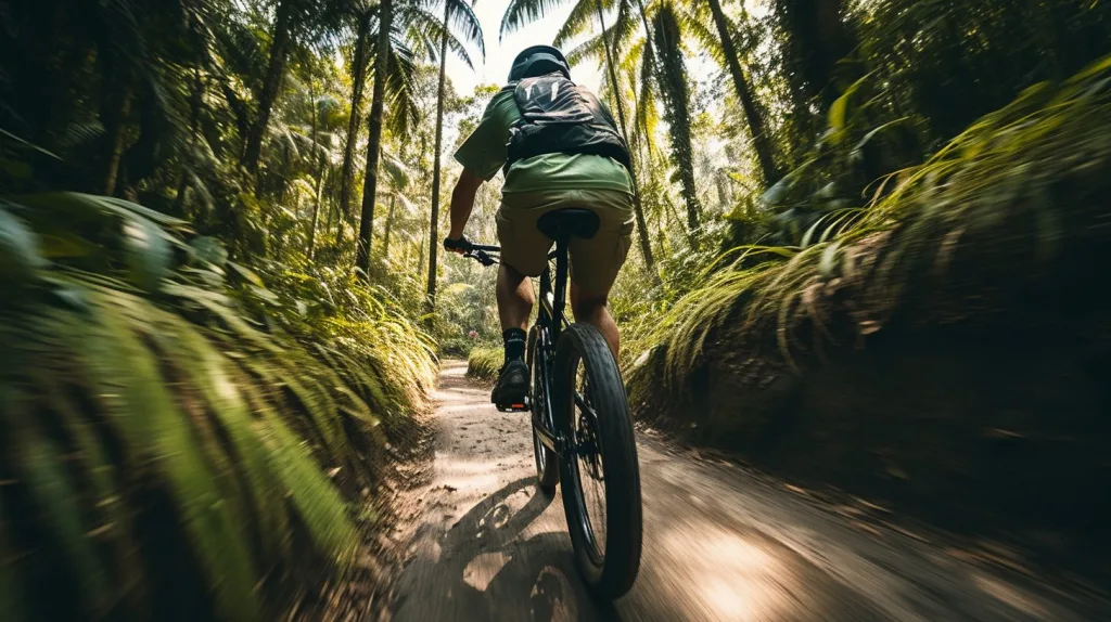 A man riding his bike through the rainforest