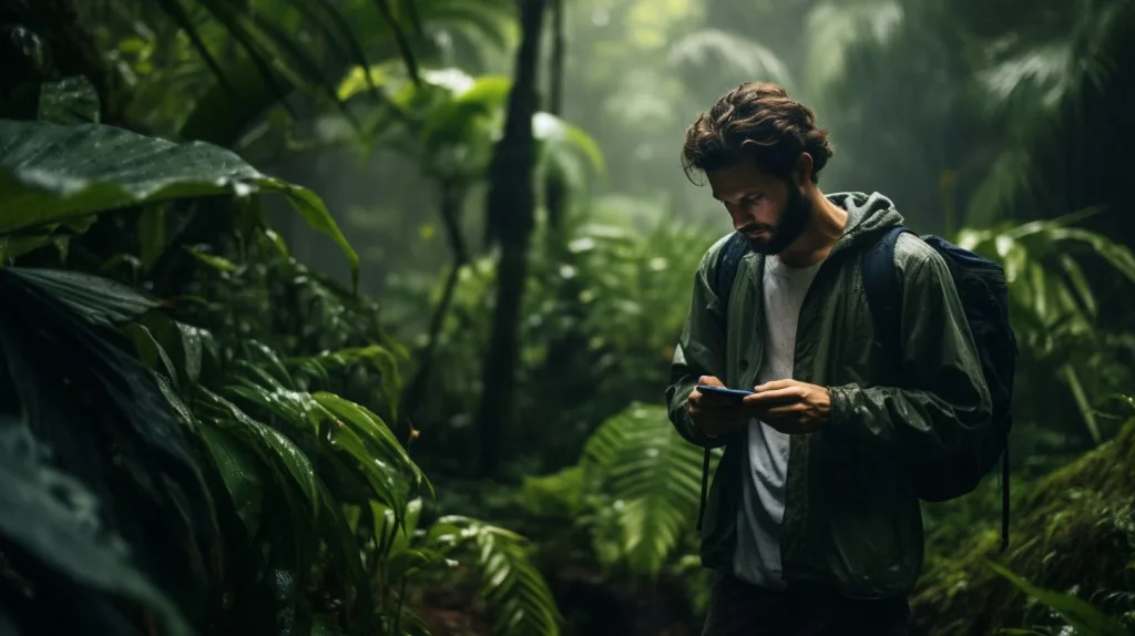 A man using survival communication methods in the rainforest