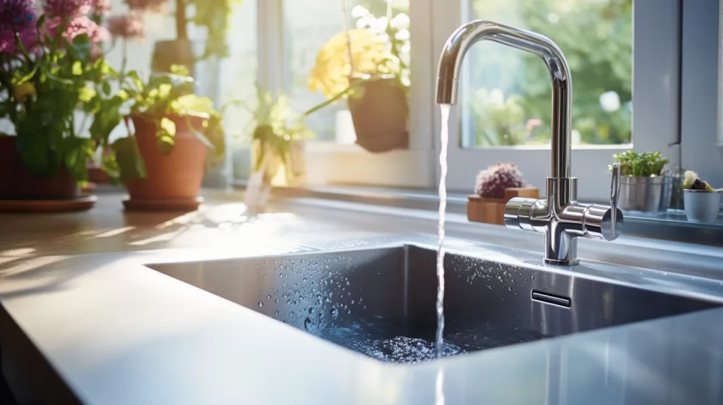 Kitchen tap running with sunlight pouring through the window