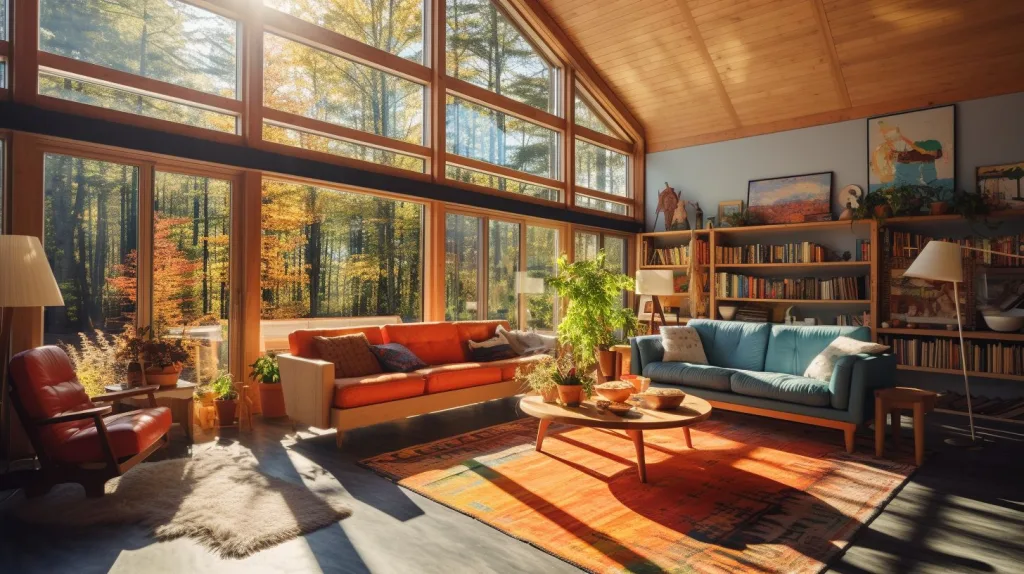 A passive solar design home in the forest with sunlight pouring in