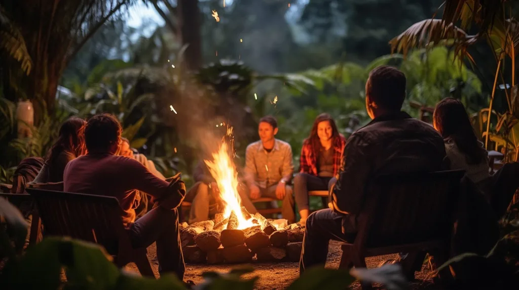 A group of friends sitting around a bonfire enjoying biomass energy